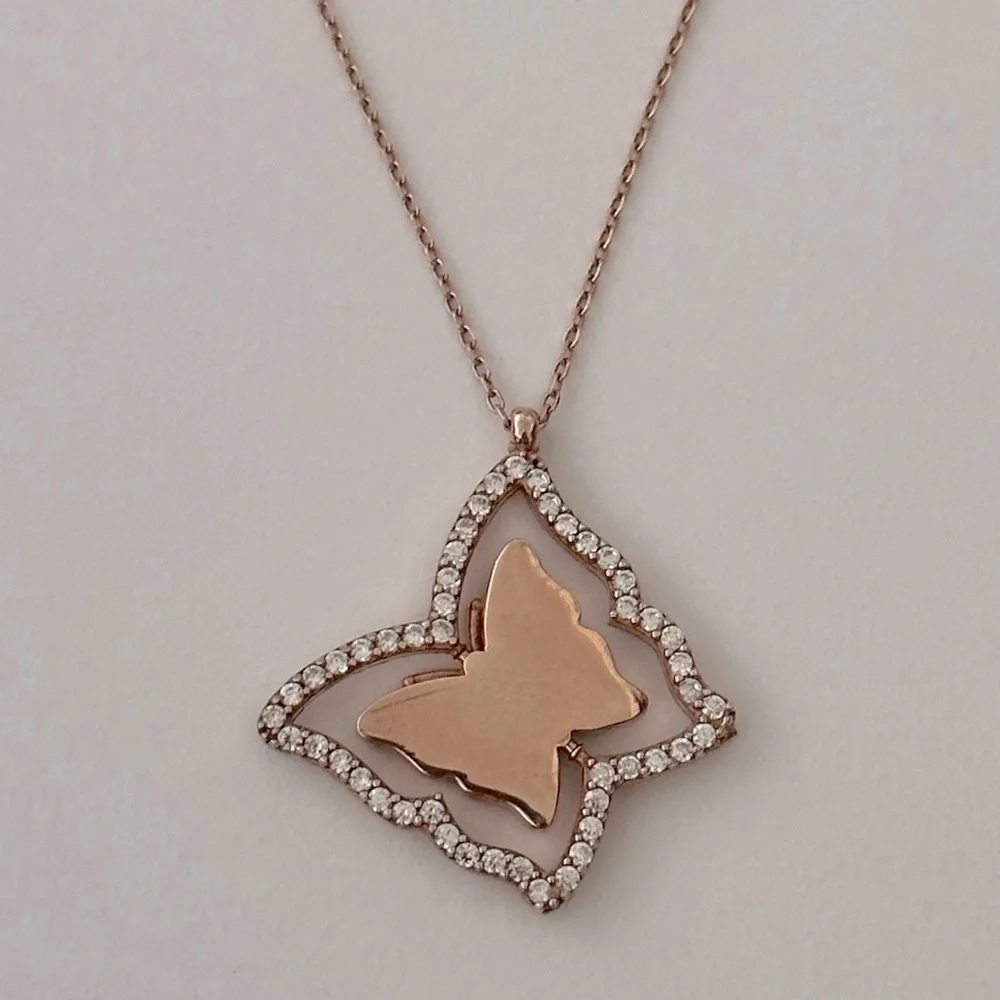 🦋Reversible spinning butterfly 925 silver necklace 14k rose gold plated